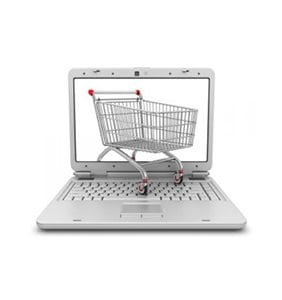 Cartoonish image of a physical shopping cart protruding from a computer laptop's screen
